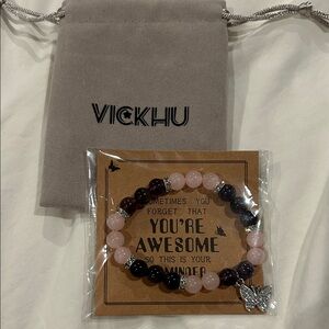 Pink and Black Beaded Bracelet with Butterfly Charm